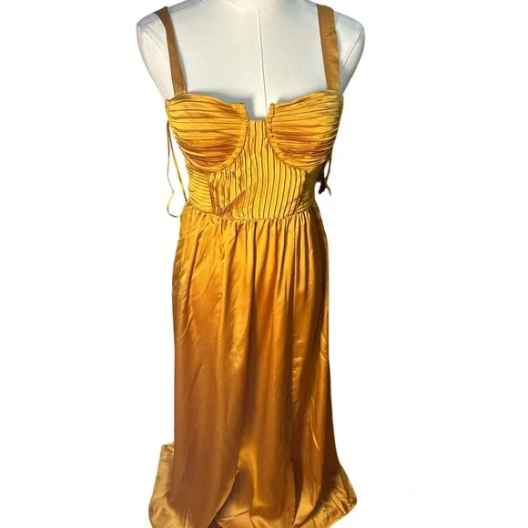 NWT ASTR The Label Pleated Bustier Midi Party Dress Gold XS Satin Slip Style - Picture 2 of 8